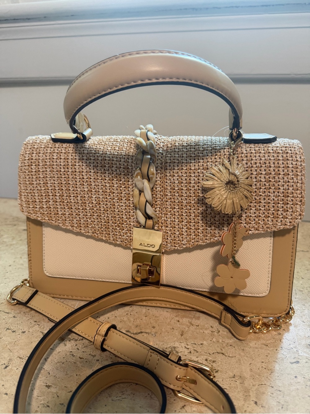 ALDO Cream/Tan Top Handle/Crossbody Purse Flower Charms, Woven Flap NWT